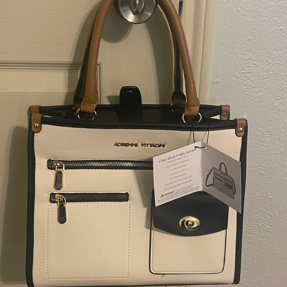 Adrienne Vittadini Black and Cream Satchel with Structured Design
